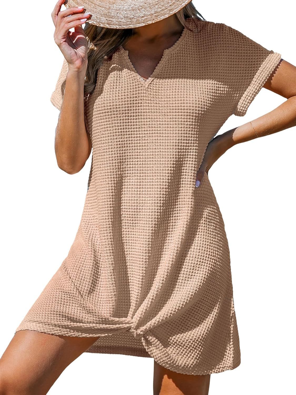 Waffle Knit V-Neck Short Sleeve Beach Cover Up Dress