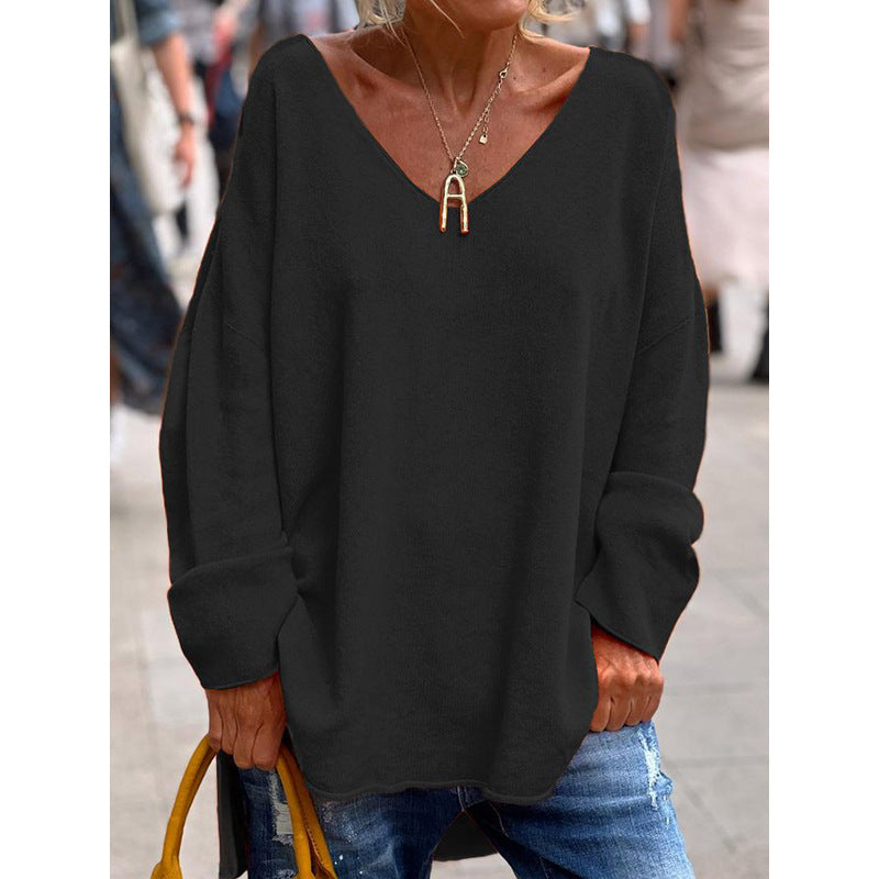 Women's Oversized V-Neck Long Sleeve Casual Tee
