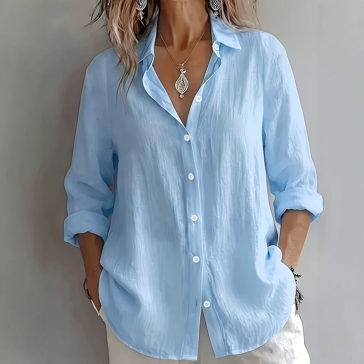 Women's Solid Button Down Shirt Long Sleeve Casual Blouse