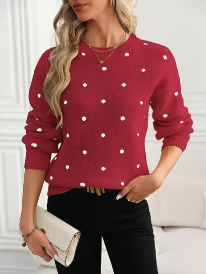 Women's Polka Dot Crew Neck Long Sleeve Sweater