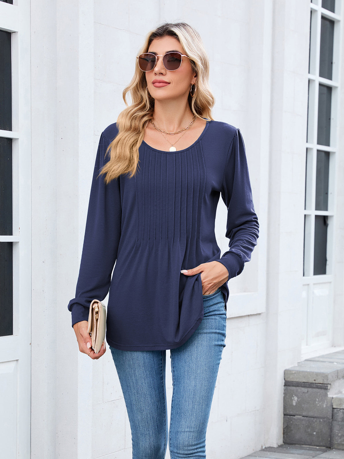 Women's Long Sleeve Pleated Tunic Top Loose Casual Blouse
