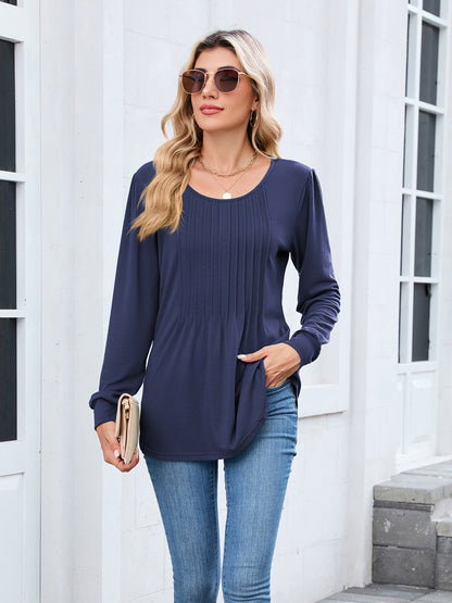 Women's Long Sleeve Pleated Tunic Top Loose Casual Blouse