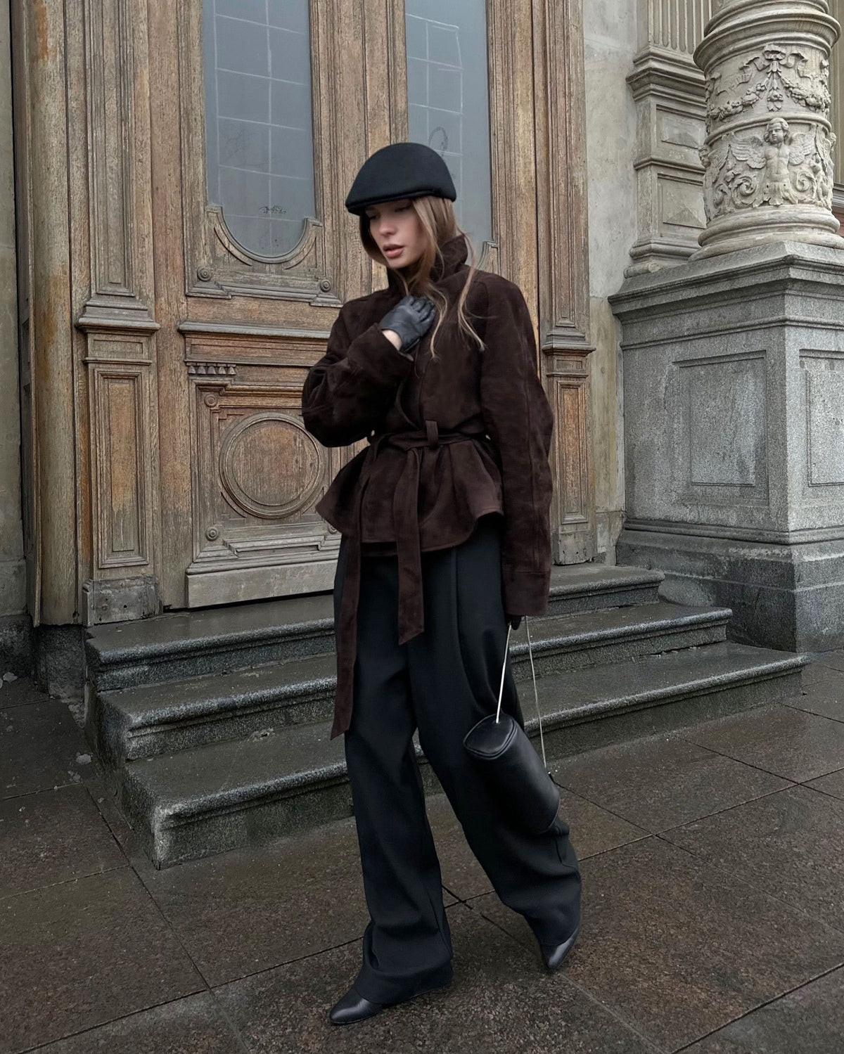 Women Faux Suede Belted Jacket Long Sleeve Vintage