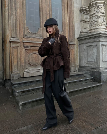 Women Faux Suede Belted Jacket Long Sleeve Vintage