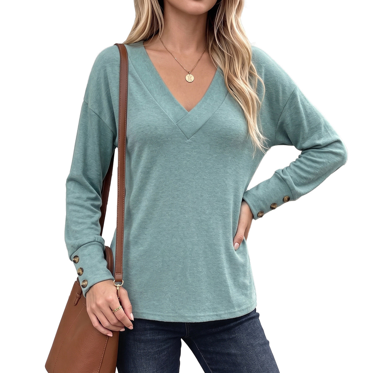 Womens Oversized V Neck Long Sleeve Button Cuff Top
