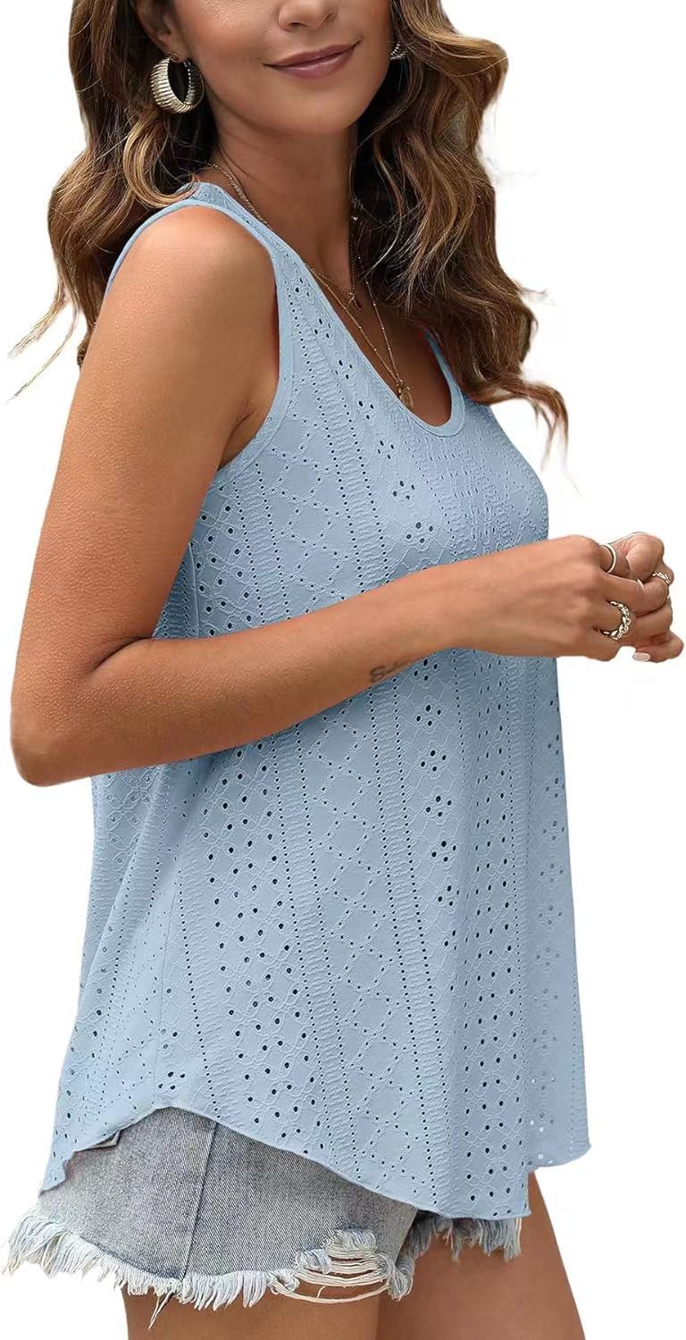 Eyelet Knit Tank Top Sleeveless Loose Fit Summer Top