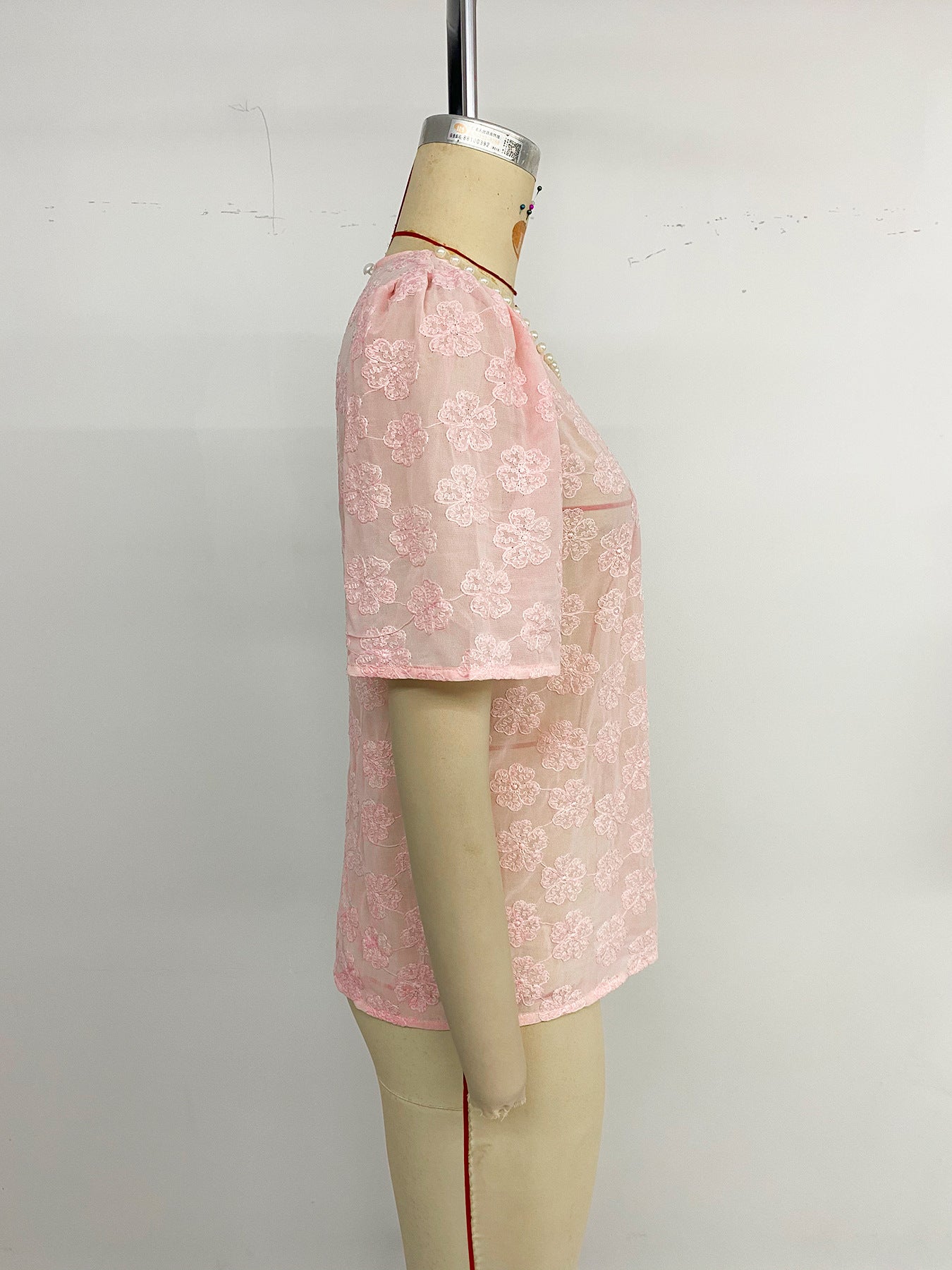 Pink Floral Jacquard Puff Sleeve Blouse Pearl Neck Top