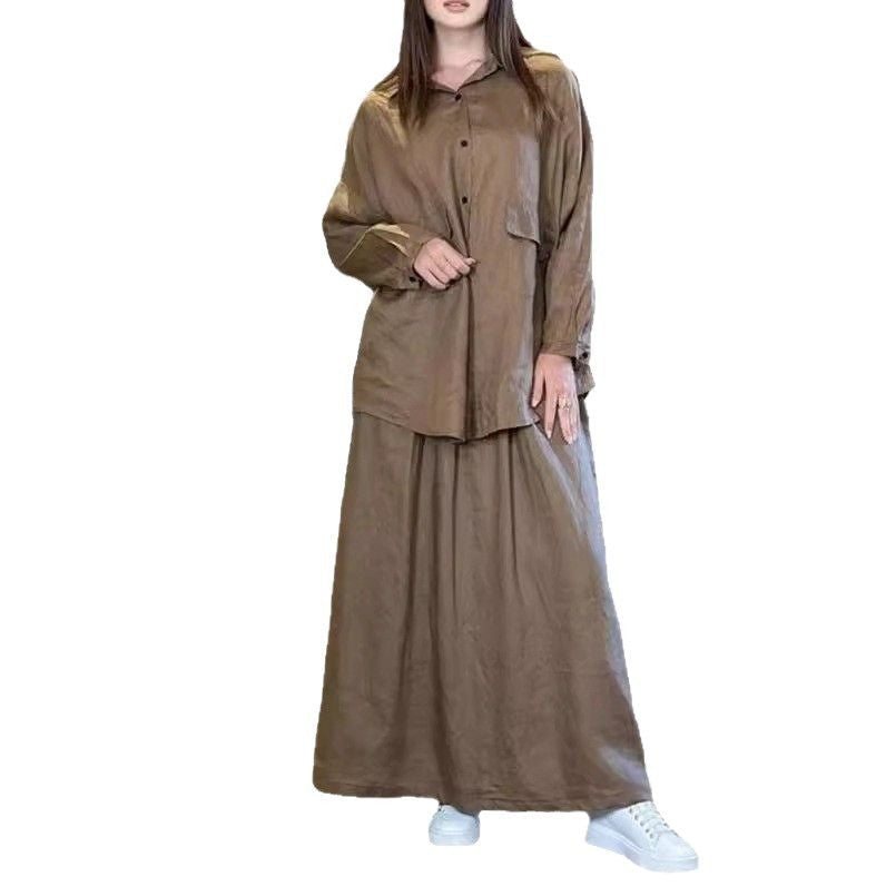 Plus Size Cotton Linen Button Shirt Long Skirt Set