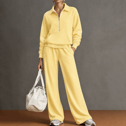 Women's Quarter Zip Sweatshirt Wide Leg Pants 2 Piece Set