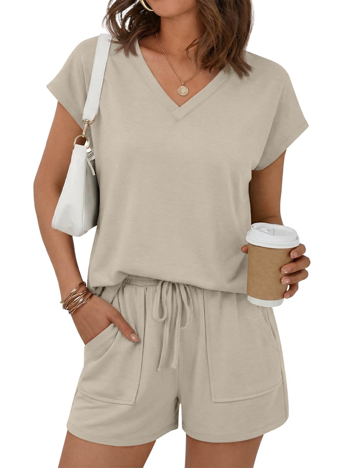 V Neck Casual Lounge Set Short Sleeve Top and Shorts