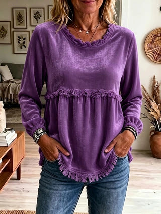 Women's Velvet Fringe Trim Long Sleeve Casual Top