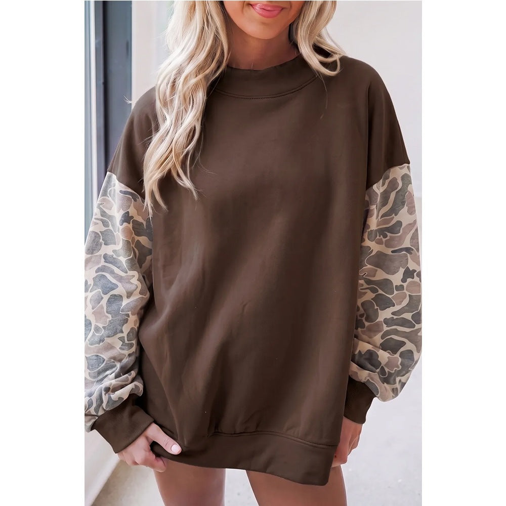 Oversized Camo Sleeve Mock Neck Fleece Sweatshirt