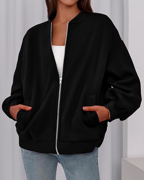 Women's Oversized Zip Up Bomber Jacket Lantern Sleeve