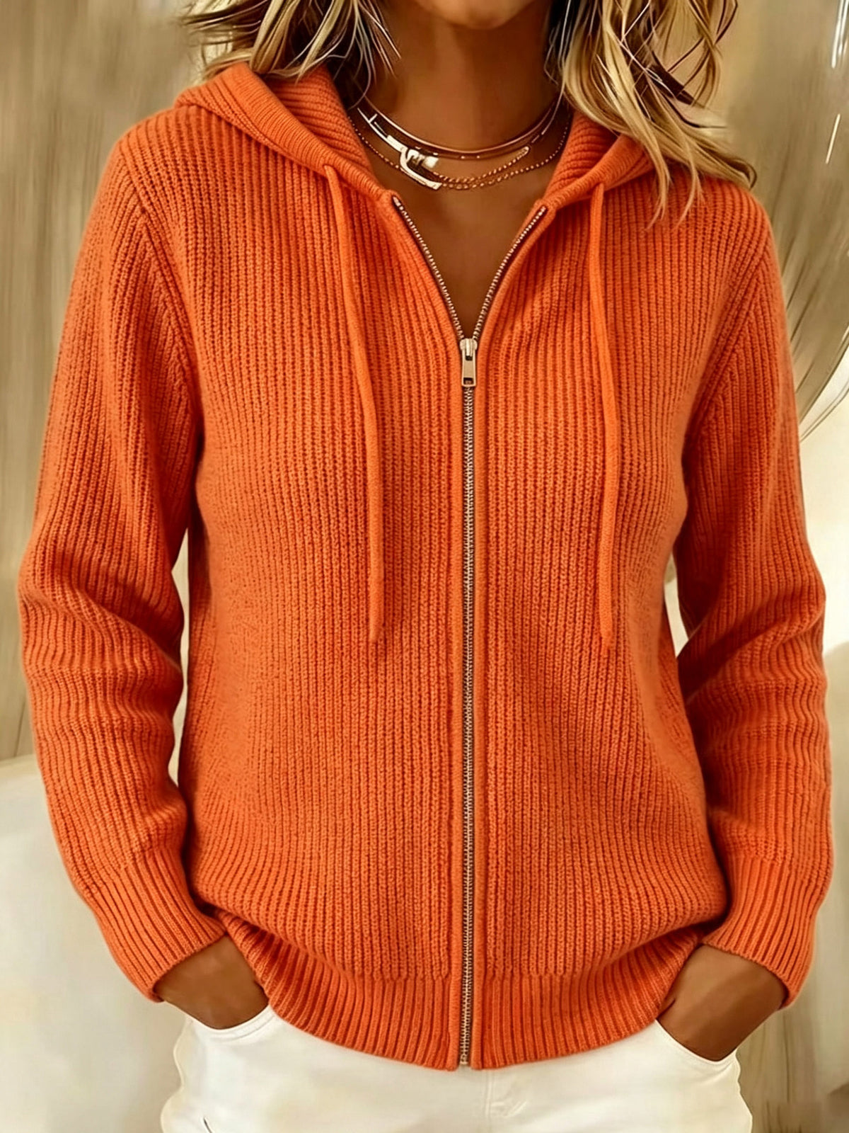 Oversized Hooded Zip-Up Ribbed Knit Cardigan