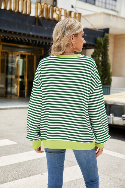 Striped Color Block Crew Neck Loose Fit Long Sleeve Sweatshirt