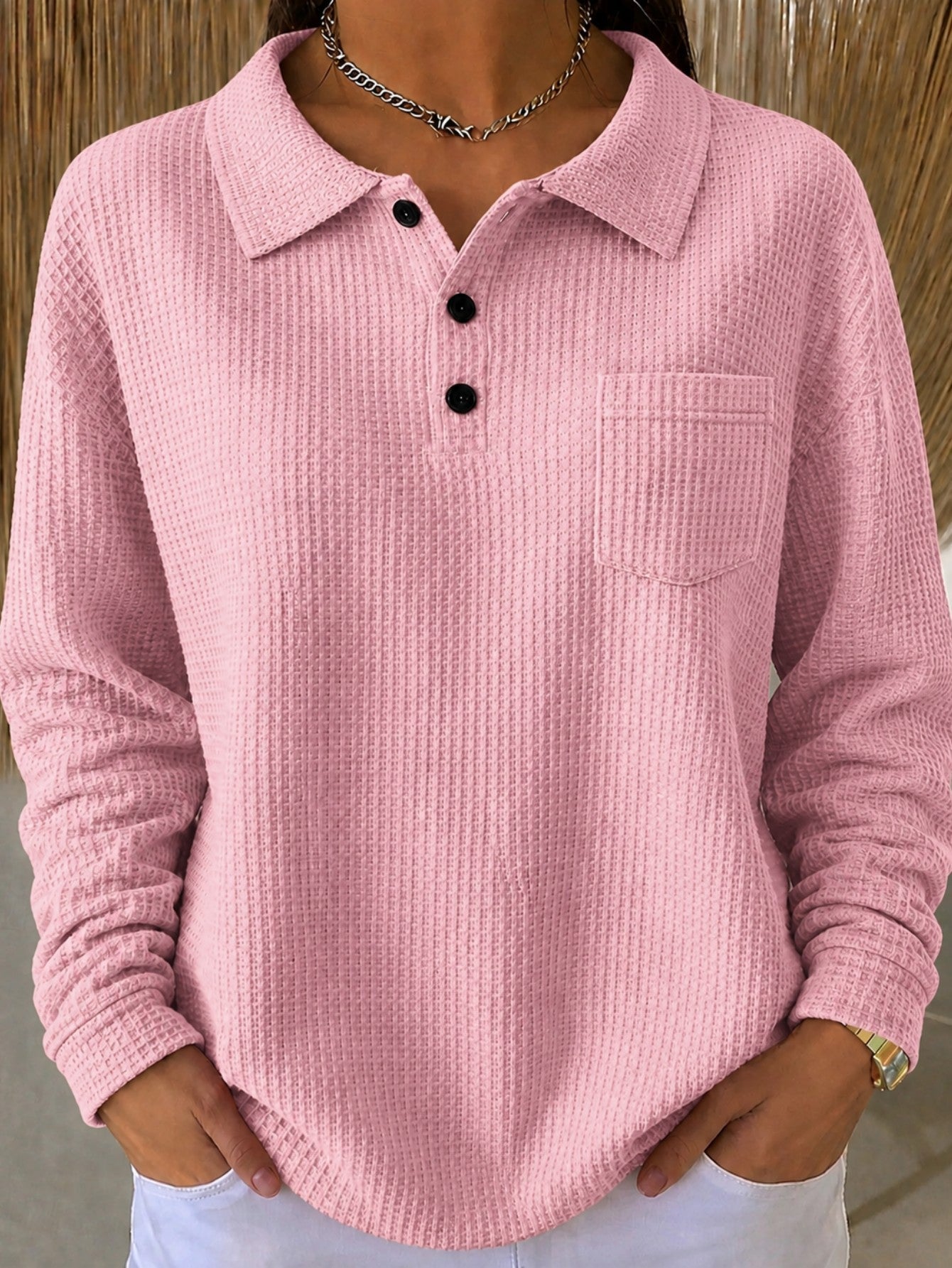 Women's Oversized Waffle Knit Collared Pocket Sweatshirt