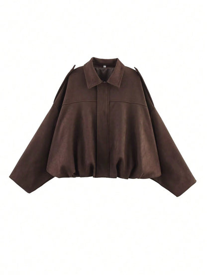 Womens Oversized Faux Suede Collared Zip Jacket
