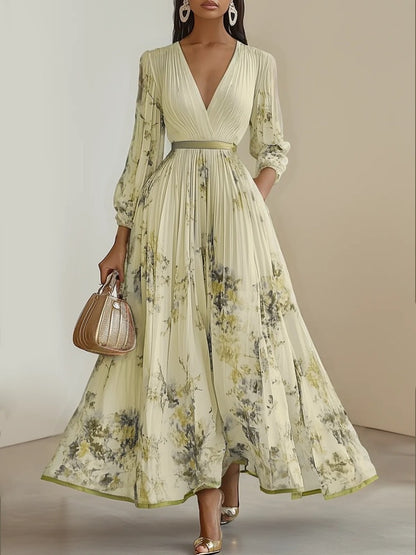 Floral Pleated V-Neck Long Sleeve Maxi Dress