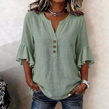 Cotton Linen Blouse V Neck Ruffle Sleeve Women's Top