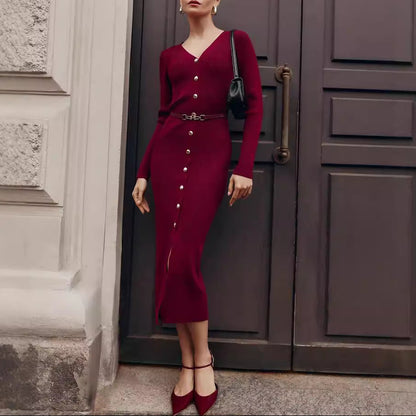 V Neck Ribbed Button Front Sweater Dress Long Sleeve Midi