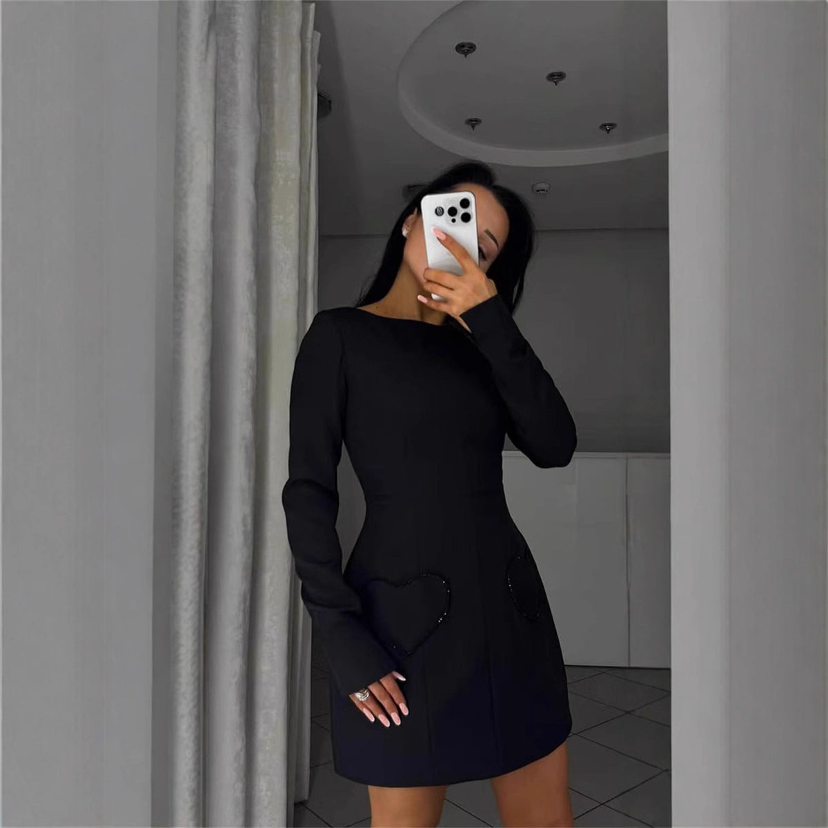 Black Long Sleeve A-Line Mini Dress Beaded Heart Pockets