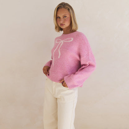 Pink Oversized Bow Crewneck Chunky Knit Sweater