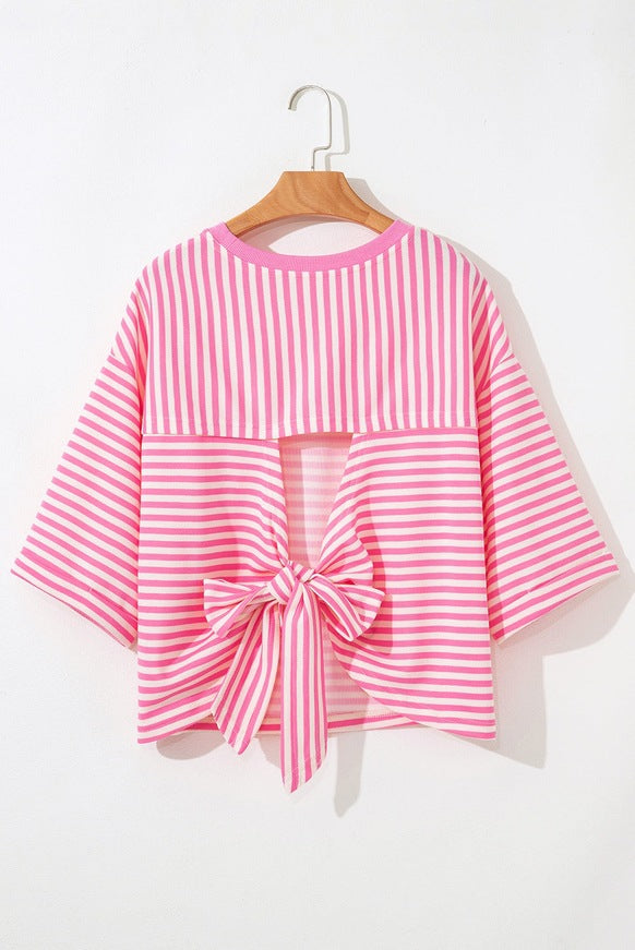 Blue Striped Knit Back Bow Open Back Top Women