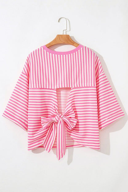 Blue Striped Knit Back Bow Open Back Top Women