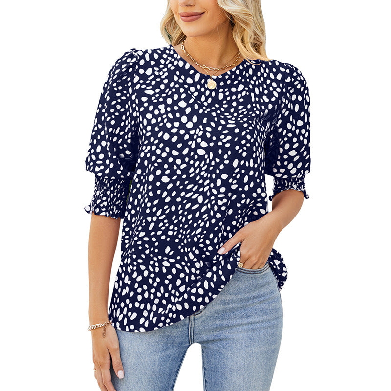 Loose Fit Printed Chiffon Short Sleeve Round Neck Shirt