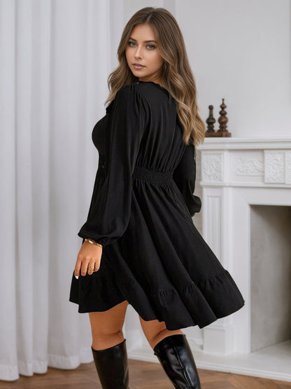 Plus Size Lace Trim V Neck A Line Mini Dress