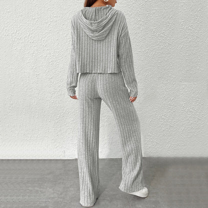Ribbed Knit Hooded Lounge Set Flare Pants