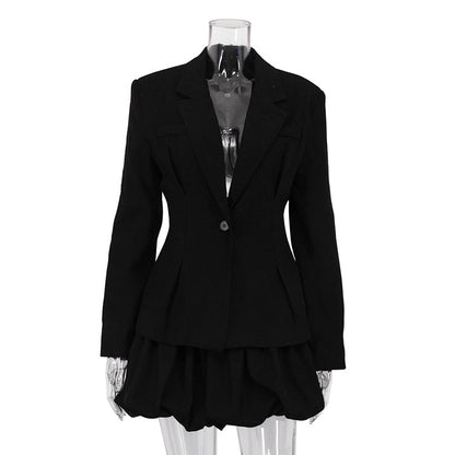 Women's Cinched Blazer Puff Mini Skirt Matching Set