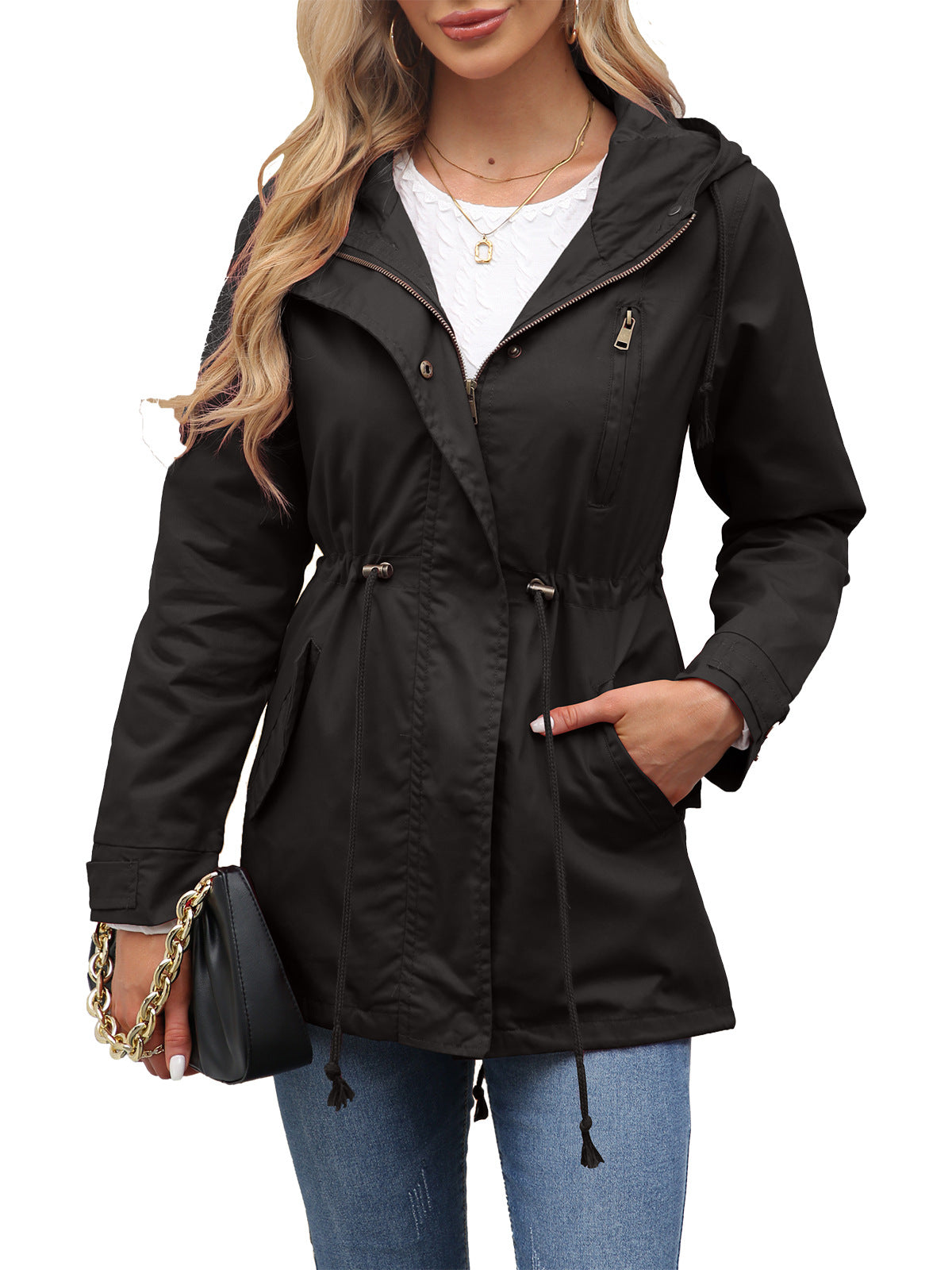 Women's Cotton Hooded Utility Jacket Drawstring Waist