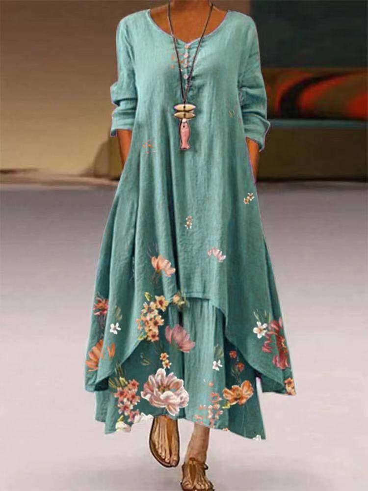 Women's Boho Floral Long Sleeve Asymmetrical Maxi Dress