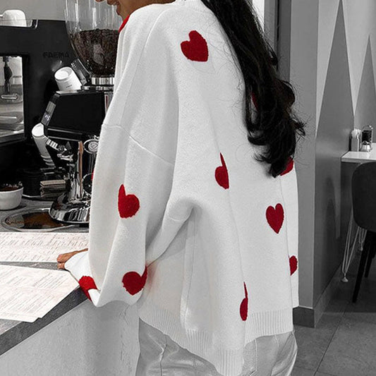 Women's Oversized Heart Embroidered Crewneck Sweater