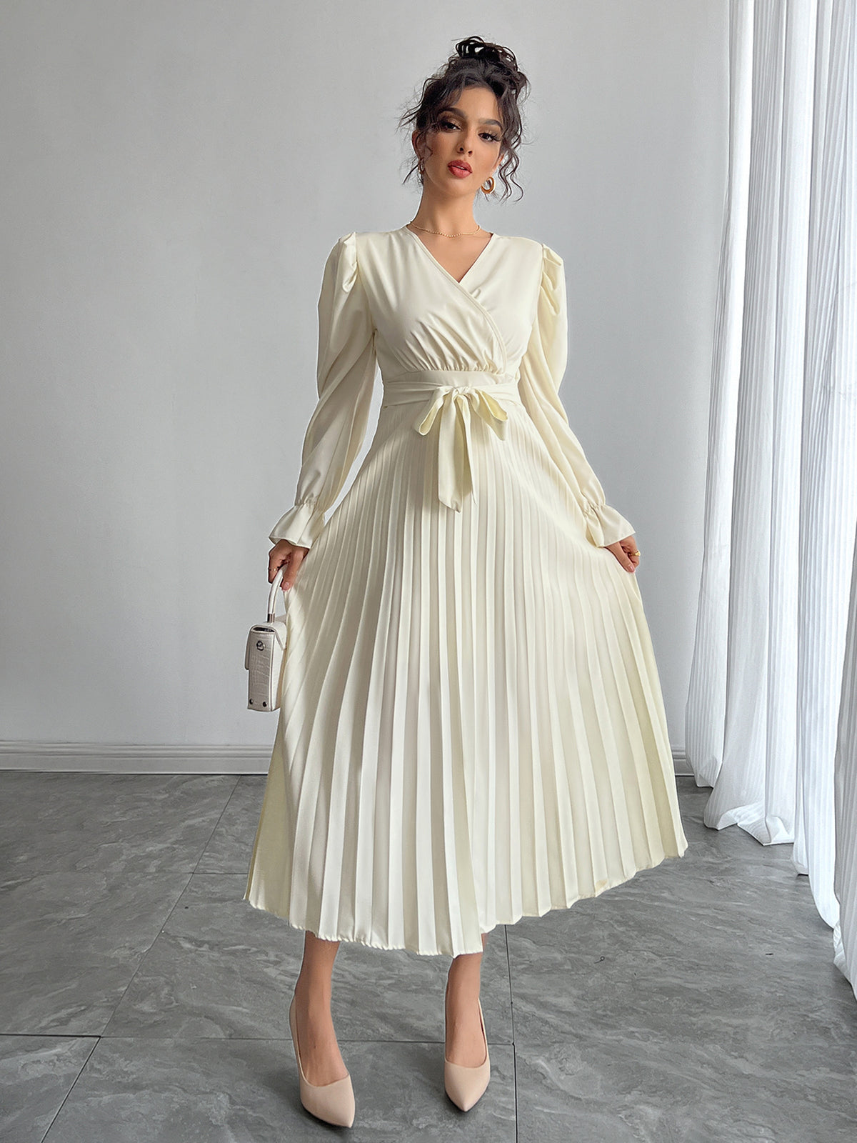 Satin Pleated Maxi Dress Wrap V-Neck Long Sleeve Tie Waist