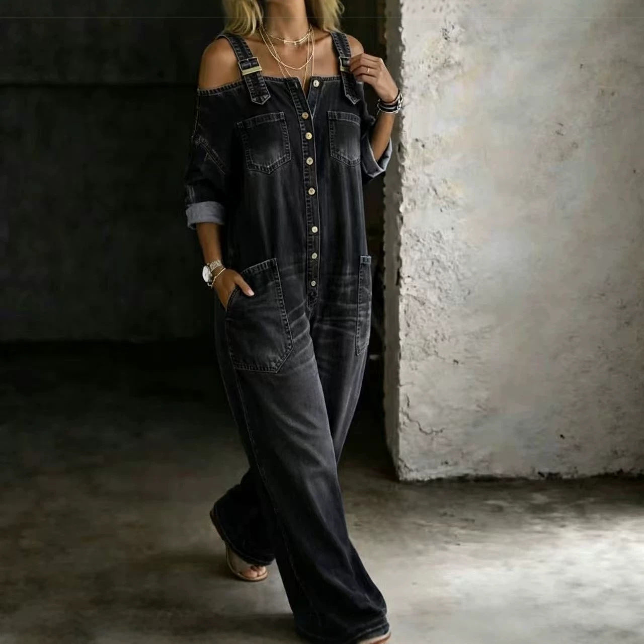 Women Off Shoulder Wide Leg Denim Jumpsuit