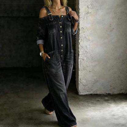 Women Off Shoulder Wide Leg Denim Jumpsuit