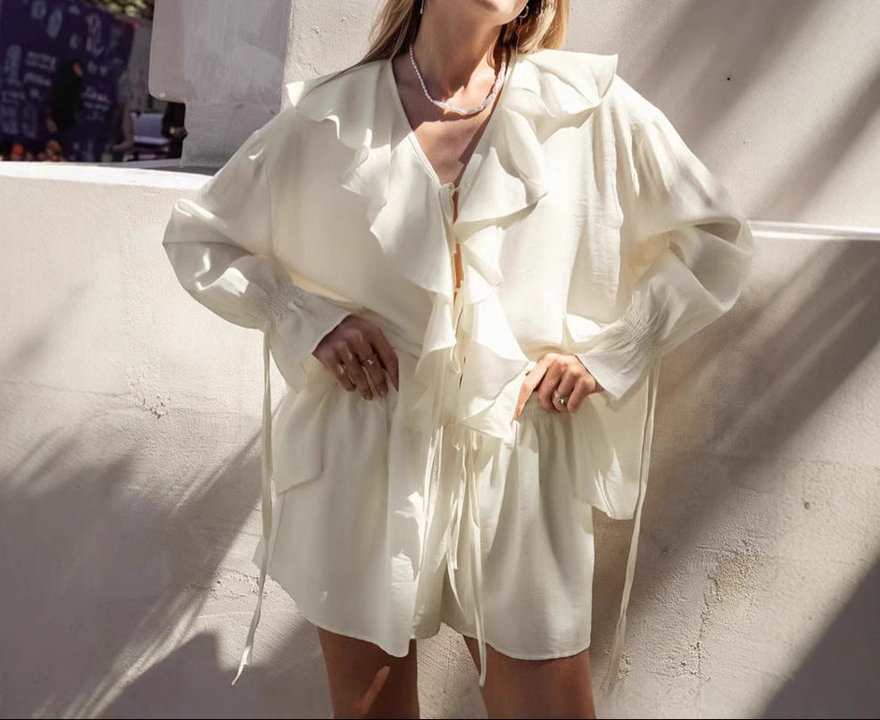 Womens Ruffle Blouse and Shorts Two Piece Set
