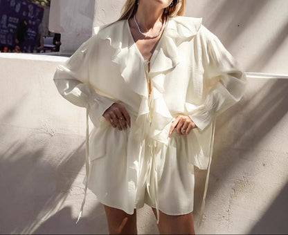 Womens Ruffle Blouse and Shorts Two Piece Set