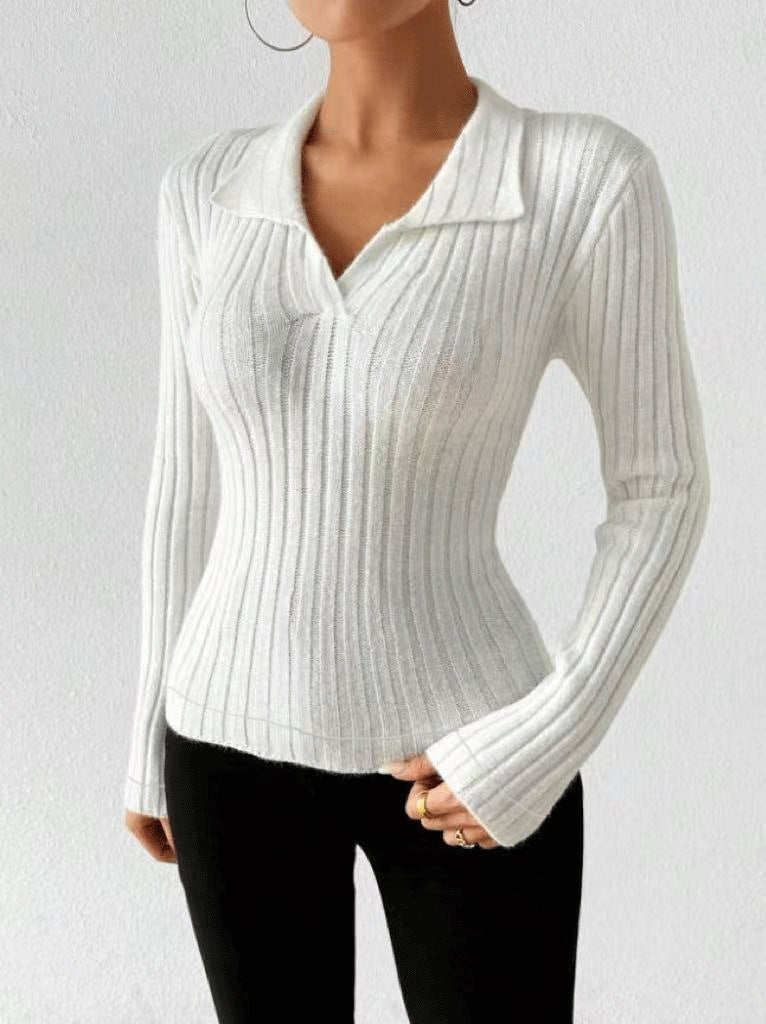 Women's Ribbed Knit Collared V Neck Long Sleeve Top