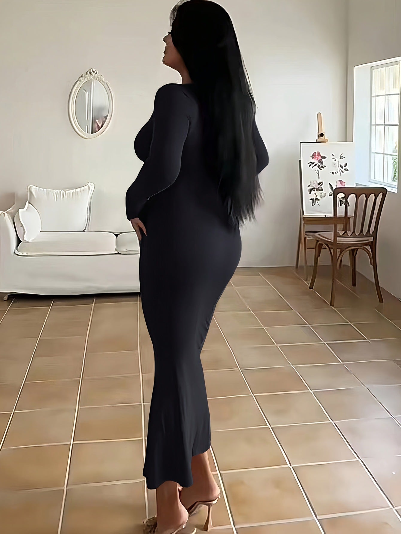 Sexy Square Neck Long Sleeve Knit Bodycon Maxi Dress