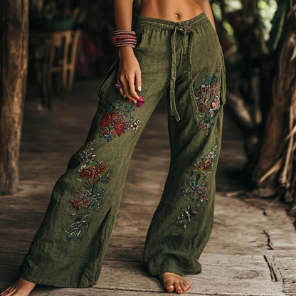 Women's Boho Floral Wide Leg Pants Drawstring Waist