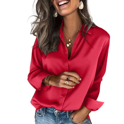 Women's Satin Long Sleeve Button Down Blouse