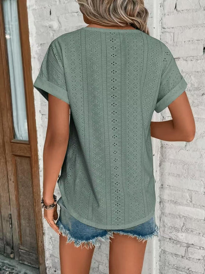 Solid Eyelet Short Sleeve Tee Loose Fit Casual Top
