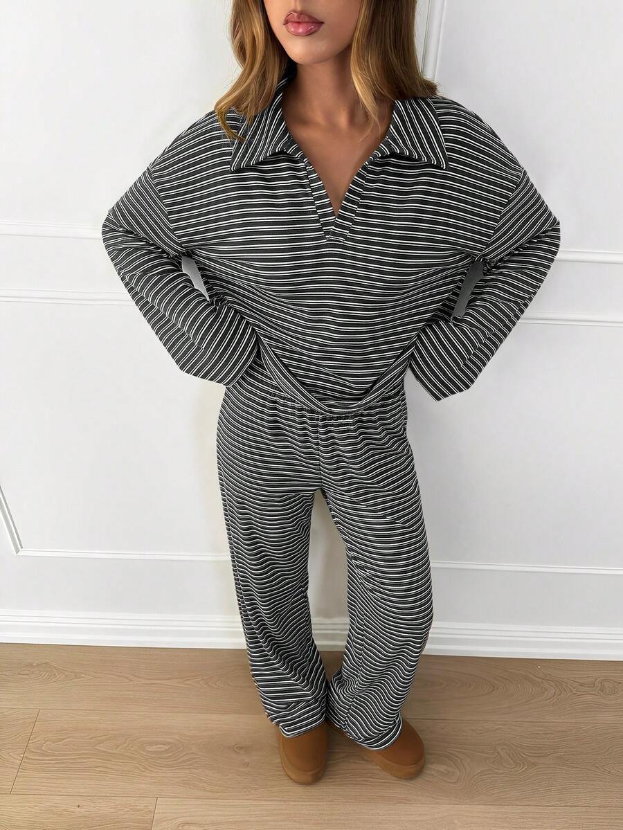 Striped Lounge Set Women Collared Pullover Wide Leg Pants