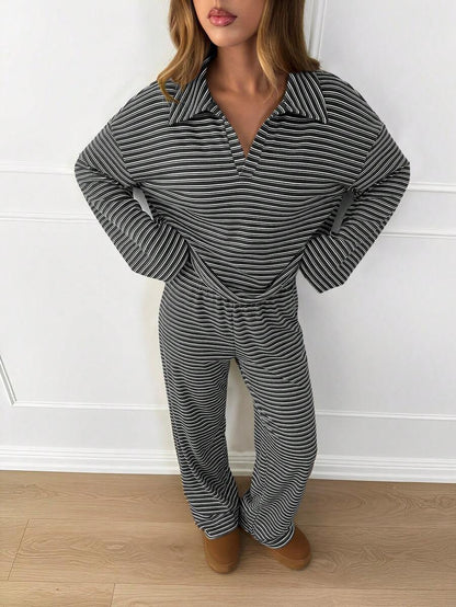 Striped Lounge Set Women Collared Pullover Wide Leg Pants