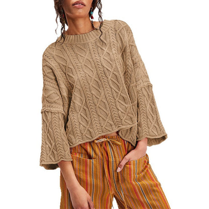 Chunky Cable Knit Crop Sweater–Loose Boho Crewneck Pullover