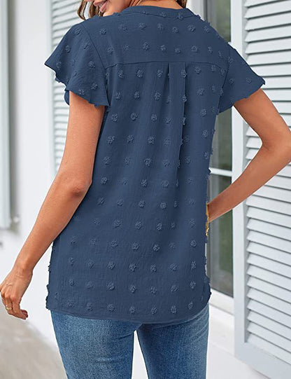 Women's V-Neck Pleated Sleeve Top with Pom Poms - Perfect for Summer