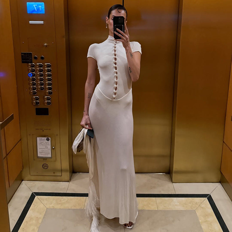 Mock Neck Cutout Bodycon Maxi Dress Short Sleeve